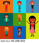 Cheerful kids on color greeting cards wishing happy childrens day. Vector illustration dedicated to international holiday for teens care. Happy Kids on Colorful Greeting Cards Vector. Стоковая иллюстрация, агентство Ingram Publishing / Фотобанк Лори