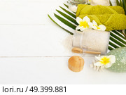 Beauty background with welness cosmetic products, succulents and flowers on white wooden background. Beauty background with facial cosmetic products. Стоковое фото, агентство Ingram Publishing / Фотобанк Лори