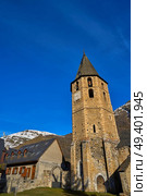 Salardu village church in Lerida Catalonia of Spain Pyrenees in Aran Valley. Стоковое фото, агентство Ingram Publishing / Фотобанк Лори