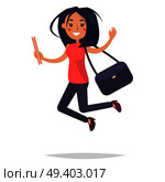 Young bouncing girl student holding ruddy book on white background. College girl dressed in red blouse, dark trousers and high heel shoes. Dark purple bag on shoulder vector illustration flat design. Young Bouncing Girl Student Flat and Shadow Theme. Стоковая иллюстрация, агентство Ingram Publishing / Фотобанк Лори
