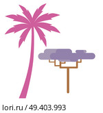 Pink palm silhouette and graphic small exotic baobab tree sign isolated on white. Tropical plants vector flat colorful poster. Pink Palm and Violet Exotic Tree Isolated on White. Стоковая иллюстрация, агентство Ingram Publishing / Фотобанк Лори