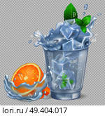 Faceted glass of water with lot of ice, fresh orange fruit and green spearmint isolated vector illustration on transparent background.. Faceted Glass of Water with Ice and Orange. Стоковая иллюстрация, агентство Ingram Publishing / Фотобанк Лори