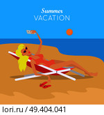 Summer vacation. Leisure on tropical sunny seaside. Woman making selfie on chaise-longue at beach in tropical country. Sunbathing and relaxing on the seashore. Woman in sexy bikini. Vector. Summer Vacation. Woman in Sexy Bikini. Vector. Стоковая иллюстрация, агентство Ingram Publishing / Фотобанк Лори