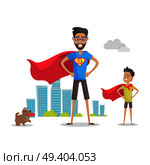 Father and his adorable son superheroes. Playing outdoors. Role model, greatest mentor. Part of series of fathers day celebration banners. Honoring dads. Fatherhood concept, paternal bonds. Vector. Father and Adorable Son Superheroes. Fatherhood. Стоковая иллюстрация, агентство Ingram Publishing / Фотобанк Лори