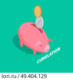 Capital accumulation concept with coins falling in piggybank. Moneybox in form of pink pig with money isometric projection vector. Savings and wealth protection illustration for business concepts. Стоковая иллюстрация, агентство Ingram Publishing / Фотобанк Лори