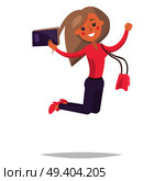 Jumping blonde girl student in pink sweater and shoes with book and purse isolated on white background. Emotion of happiness expression vector illustration. Reaction for successful exams passing.. Jumping Blond Girl Student with Book Illustration. Стоковая иллюстрация, агентство Ingram Publishing / Фотобанк Лори