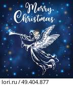 Christmas angel blows into the trumpet on a blue shining background. Hand drawn vector greeting card in vintage style. Merry Christmas lettering. Стоковая иллюстрация, агентство Ingram Publishing / Фотобанк Лори