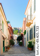 small cosy street of Placa district with Acropolis hill in Athens, Greece. Street of Athens, Greece. Стоковое фото, агентство Ingram Publishing / Фотобанк Лори