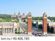 Square of Spain - venetian towers and National museum of  Barcelona, Spain. Square of Spain, Barcelona. Стоковое фото, агентство Ingram Publishing / Фотобанк Лори