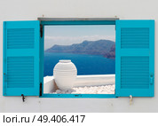 window with view of  white greek amfora against volcano caldera,  Santorini island, Greece. beautiful details of Santorini island, Greece. Стоковое фото, агентство Ingram Publishing / Фотобанк Лори