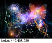 Intelligence series. Backdrop composed of human head outlines, lights and fractal elements and suitable for use in the projects on intelligence, knowledge, education, science and technology. Стоковое фото, агентство Ingram Publishing / Фотобанк Лори