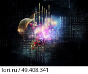 Graphic composition of symbols, lights, fractal elements to serve as complimentary design for subject of digital communications, science and virtual cloud technology. Стоковое фото, агентство Ingram Publishing / Фотобанк Лори