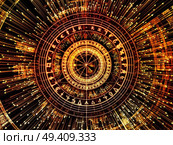 Circle of Meaning series. Composition of sacred symbols, arrows and fractal elements on the subject of spirituality, astrology, divination and magic. Стоковое фото, агентство Ingram Publishing / Фотобанк Лори