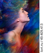 Woman’s World series. Abstract design made of female portrait fused with vibrant paint on the subject of feelings, emotions, inner world, creativity and imagination. Стоковое фото, агентство Ingram Publishing / Фотобанк Лори