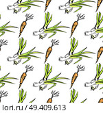 Crispy carrot and green leek seamless pattern. Organic healthy vegetarian vegetables vector illustration formed in endless texture.. Crispy Carrot and Green Leek Seamless Pattern. Стоковая иллюстрация, агентство Ingram Publishing / Фотобанк Лори