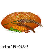 Fresh bread loaf baked of wheat with some cereal sticks nearby isolated on white. Vector colorful illustration of caloric grain product. Wheat Bread Loaf with Cereal Sticks on White. Стоковая иллюстрация, агентство Ingram Publishing / Фотобанк Лори