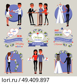 Romantic proposal, rings choice, white gown try-on, room decoration, invitation sending and marriage ceremony vector illustrations set.. Welcome to Our Wedding Isolated Illustrations Set. Стоковая иллюстрация, агентство Ingram Publishing / Фотобанк Лори