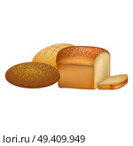Delicious freshly baked white, rye and whole grain bread loafs sprinkled with powder isolated vector illustration on white background.. Delicious Fresh Bread Loafs with Sprinkles Set. Стоковая иллюстрация, агентство Ingram Publishing / Фотобанк Лори