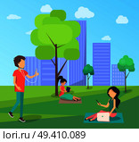 People walking in free wi-fi zone in central city park with modern gadgets, freelancers work and tree with laptop, entertain listening to music. People Walking in Free Wi-Fi Zone in City Park. Стоковая иллюстрация, агентство Ingram Publishing / Фотобанк Лори