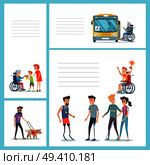 Old man on wheelchair takes bus, grandkids give flowers their granny on wheelchair, blind man walks and disabled people in sport vector illustrations.. People with Disabilities Do Regular Staff Set. Стоковая иллюстрация, агентство Ingram Publishing / Фотобанк Лори
