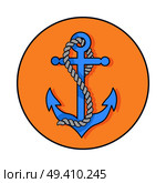 Vector illustration depicting blue anchor intertwined in thick rope superimposed on backdrop. Circle banner with orange background.. Circle Banner Depicting Anchor with Rope Around it. Стоковая иллюстрация, агентство Ingram Publishing / Фотобанк Лори