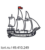 Old wooden ship with white sails and red flag isolated cartoon outline vector illustration. Big ancient vessel for long distance traveling.. Old Wooden Ship with Red Flag Outline Illustration. Стоковая иллюстрация, агентство Ingram Publishing / Фотобанк Лори