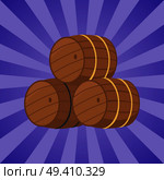 Vector illustration representing three beer barrels of different types on blue background with rays. Unofficial symbol of october festival.. Vector Illustration of Beer Barrels at Octoberfest. Стоковая иллюстрация, агентство Ingram Publishing / Фотобанк Лори