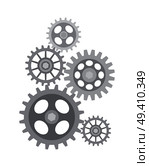Set of five different sized and shaped gears connected in one mechanism. Vector illustration of components isolated on white background. Set of Different Sized Gears Vector Illustration. Стоковая иллюстрация, агентство Ingram Publishing / Фотобанк Лори