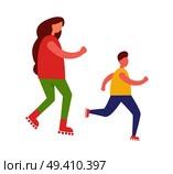Mother and son rollerblading isolated vector illustration on white background. Teenage child and his female parent engaging in inline skating activity. Mother and Son Rollerblading Isolated Illustration. Стоковая иллюстрация, агентство Ingram Publishing / Фотобанк Лори