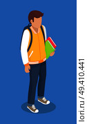Schoolboy from secondary school with backpack, holding books in hands vector illustration isolated. Pupil cartoon character with rucksack. Schoolboy from Secondary School with Backpack. Стоковая иллюстрация, агентство Ingram Publishing / Фотобанк Лори