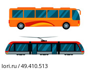 Public transport represented by yellow bus and electric train with large windows. Vector illustration of vehicles isolated on white background. City Bus and Electric Tram Vector Illustration. Стоковая иллюстрация, агентство Ingram Publishing / Фотобанк Лори