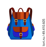 Rucksack unisex in brown and blue colors with big pocket and metal fasteners vector illustration isolated on white. Backpack in back to school concept. Rucksack Unisex in Brown and Blue Colors Vector. Стоковая иллюстрация, агентство Ingram Publishing / Фотобанк Лори
