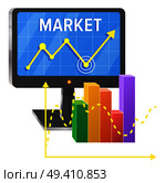 Computer screen with graphic of success on market and colorful chart on coordinate system isolated vector illustration on white background.. Computer Screen with Graphic of Success on Market. Стоковая иллюстрация, агентство Ingram Publishing / Фотобанк Лори