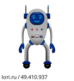 Electronic robot on wheels with antennas, colorful buttons and detectors isolated on white background. Futuristic innovation integrated in our life. Artificial intelligence vector illustration.. Electronic Robot on Wheels Isolated Illustration. Стоковая иллюстрация, агентство Ingram Publishing / Фотобанк Лори