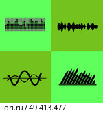 Equalizer interface pictured with grids with graph, lines and waves. Vector illustration with icons of music pulse detector isolated on green background. Equalizer Interface Variants Vector Illustration. Стоковая иллюстрация, агентство Ingram Publishing / Фотобанк Лори