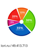 Infographic pie divided in five parts showing percent ratio correlation between part of circular inforchart vector illustration isolated on white. Infographic Pie Divide in Parts Show Percent Ratio. Стоковая иллюстрация, агентство Ingram Publishing / Фотобанк Лори