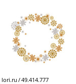Winter frame with golden and silver flakes of different shapes, snowflakes in round circle ornamental decorative border with winter frozen crystals vector. Winter Frame with Golden and Silver Fakes Vector. Стоковая иллюстрация, агентство Ingram Publishing / Фотобанк Лори