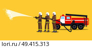 Vector illustration of three firefighters wearing helmets and uniform trying to put out flame with help of hose and water on yellow background. Firefighters in Helmets Trying to Extinguish Fire. Стоковая иллюстрация, агентство Ingram Publishing / Фотобанк Лори