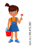 Brunette doll like girl with red flower and bucket with shovel vector illustration isolated on white. Cute cartoon kindergarten age female holds toys. Brunette Girl Holds Flower and Bucket with Shovel. Стоковая иллюстрация, агентство Ingram Publishing / Фотобанк Лори