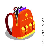 Backpack full of books vector illustration isolated on white. School rucksack with pockets and zippers in orange color for secondary school pupils. Backpack Full of Book Vector Illustration Isolated. Стоковая иллюстрация, агентство Ingram Publishing / Фотобанк Лори