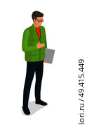 Man in green jacket, dark blue jeans with laptop in glasses vector isolated side view on white. Student or college boy cartoon character, stylish guy. Man in Green Jacket, Dark Blue Jeans with Laptop. Стоковая иллюстрация, агентство Ingram Publishing / Фотобанк Лори