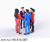 A 3D icon of a team huddle with abstract figures in suits, dynamic posing, teamwork concept. Стоковое AI-изображение, AI-художник Sergey Grishin / Фотобанк Лори