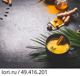 Black mug of vegan golden turmeric milk with spices on dark background with ingredients and palm leaves. Healthy hot drink. Immune boosting remedy , detox and dieting concept. Стоковое фото, агентство Ingram Publishing / Фотобанк Лори