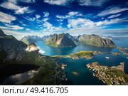 Amazing landscape of the Lofoten Islands from the top of Reinebringen Mountain with blue sky , county of Nordland, Norway (2016 год). Стоковое фото, фотограф Андрей Армягов / Фотобанк Лори