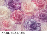 A large group of pink and purple flowers clustered together in a vibrant display of color. Стоковое AI-изображение, AI-художник Данила Большаков / Фотобанк Лори