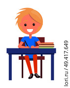 Blonde boy with textbooks at school table isolated on white. Vector illustration of begginer on 1st of September, back to school concept. Blonde Boy with Textbooks at School Table Isolated. Стоковая иллюстрация, агентство Ingram Publishing / Фотобанк Лори