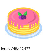 Stack of tasty pancakes drenched with berry syrup icon. Pile of crepes on plate with jam and fresh blackberry isolated flat vector. Western cuisine traditional dish illustration for culinary concepts . Стоковая иллюстрация, агентство Ingram Publishing / Фотобанк Лори