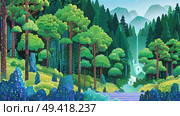 A painting depicting a dense forest with a stream meandering through it, creating a picturesque scene. Стоковое AI-изображение, AI-художник Данила Большаков / Фотобанк Лори
