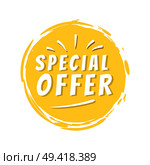 Special offer inscription on yellow painted spot with brush strokes vector illustration isolated on white background, promo discounts label design. Special Offer Inscription on Yellow Painted Spot. Стоковая иллюстрация, агентство Ingram Publishing / Фотобанк Лори