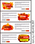 Set of leaflets with foliage autumn big sale 2017 best offer special price discounts on fall collection web banners, buttons read more and buy now vector. Set of Leaflets with Foliage Autumn Big Sale 2017. Стоковая иллюстрация, агентство Ingram Publishing / Фотобанк Лори